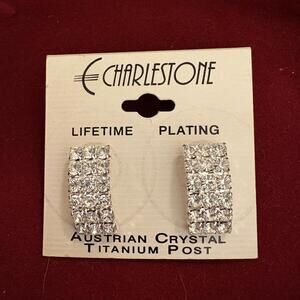 Vintage Charlestone Austrian Crystal Titanium Earrings Vertical Crystal Rows New